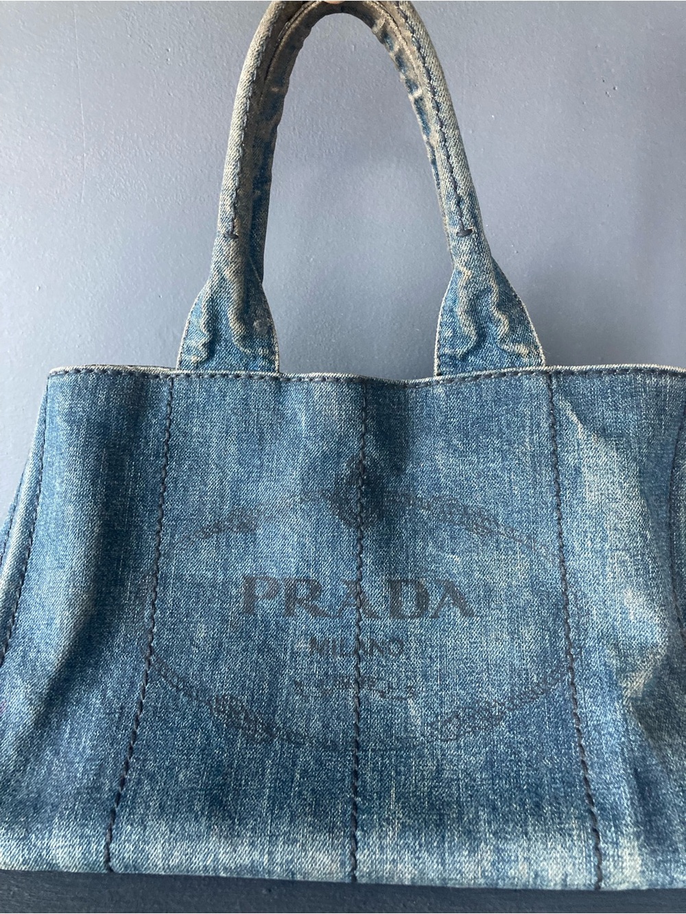 Prada Denim Logo Tote in Faded Blue